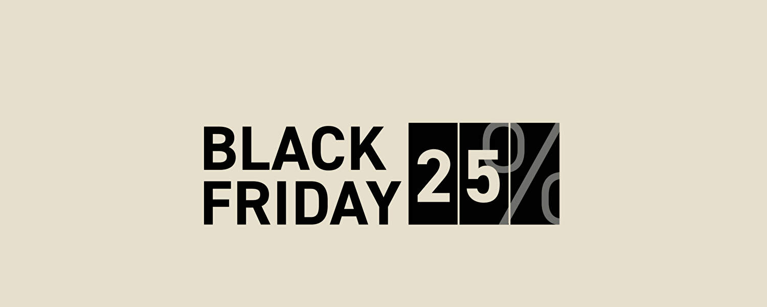 Promotionele Black Friday-afbeelding met de tekst ‘Black Friday 25%’, waarbij het kortingspercentage wordt weergegeven in zwarte blokken