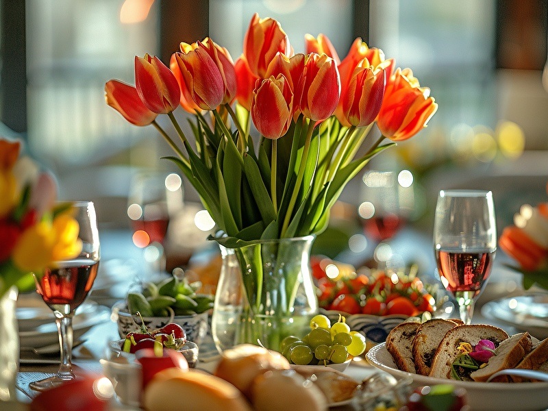 A full, atmospheric table set with snacks and drinks such as grapes, strawberries, and bread, in the middle of the table is a vase with orange and yellow tulips.